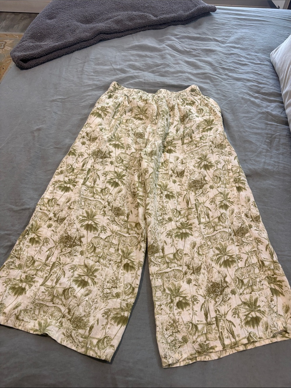 Rachel Zoe Cream and Light Green Tropical Wide-Leg Pants 100% Linen - Picture 5 of 5